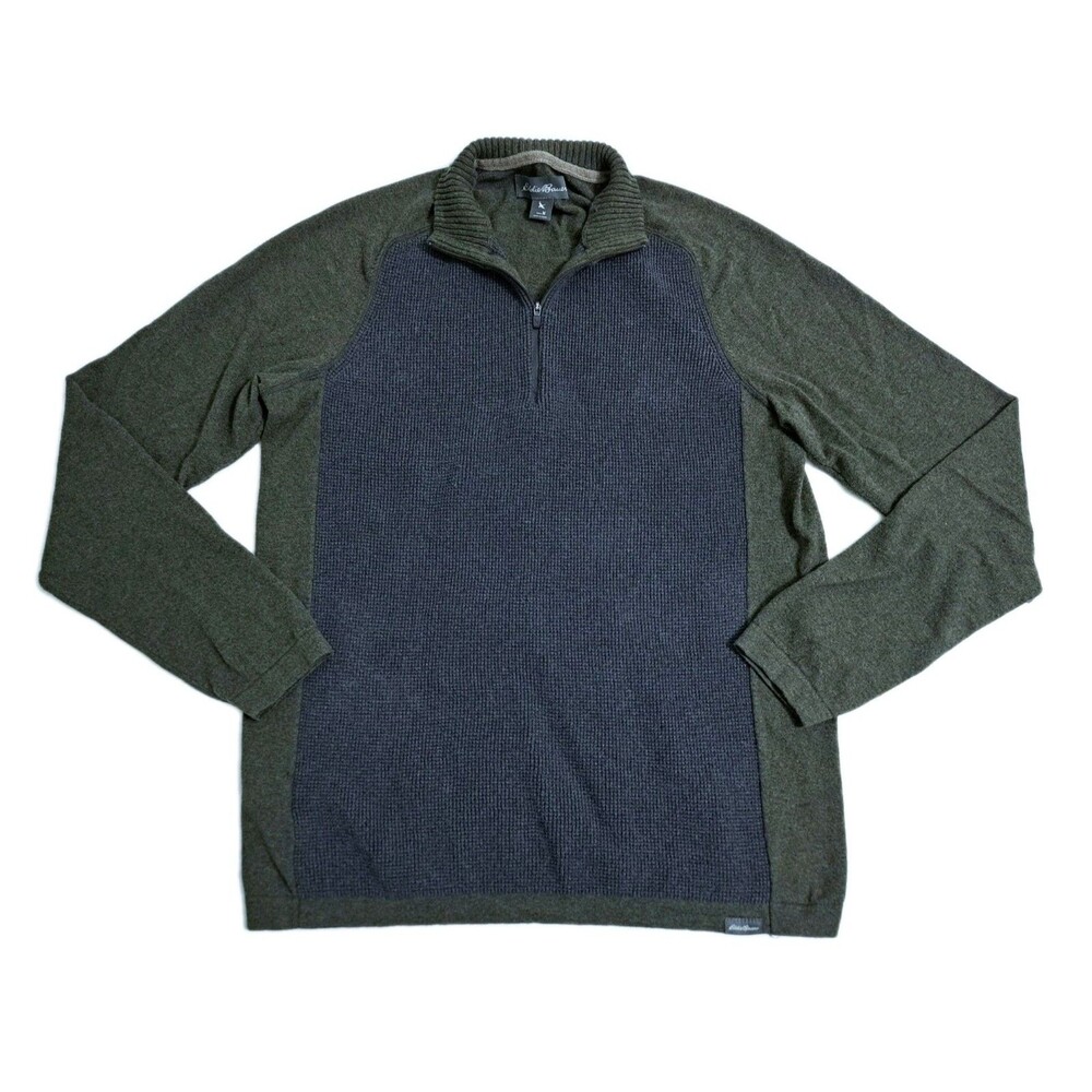 Eddie Bauer Merino Wool Blend Zip Pullover Knit Sweater Men's Medium Green Gray